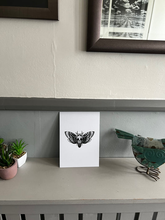 Black and White Gothic Skull Moth Art Print A5